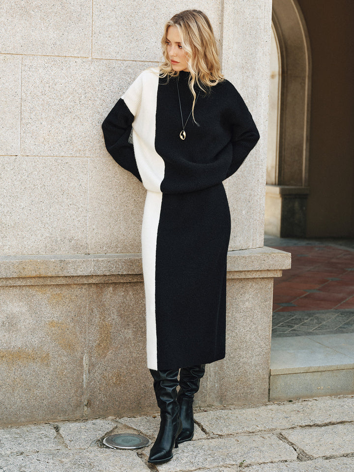 Color-Block Knit Sweater and Midi Skirt Set