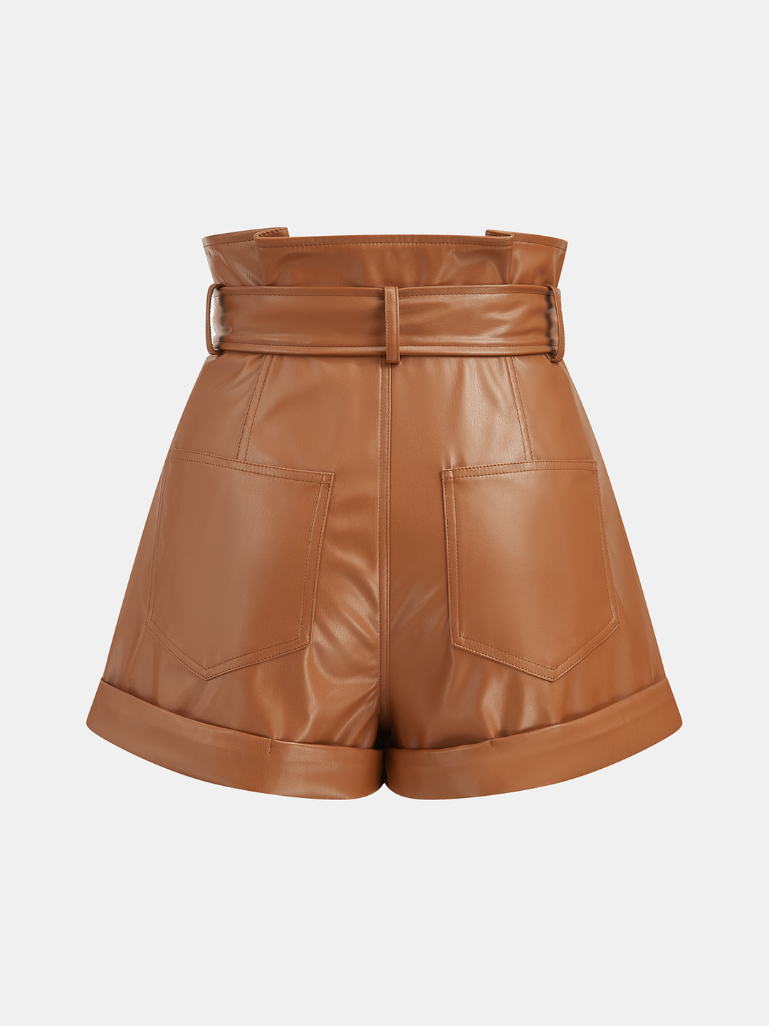 High-Waist PU Leather Cuffed Shorts with Belt