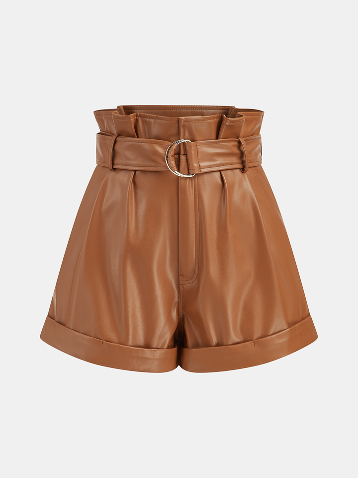 High-Waist PU Leather Cuffed Shorts with Belt