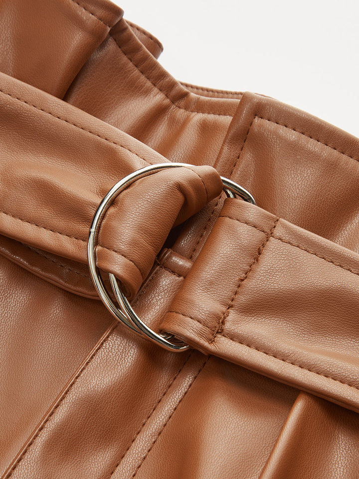 High-Waist PU Leather Cuffed Shorts with Belt