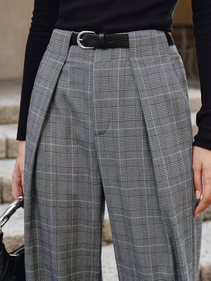 Pleated Plaid Belted Wide-Leg Pants