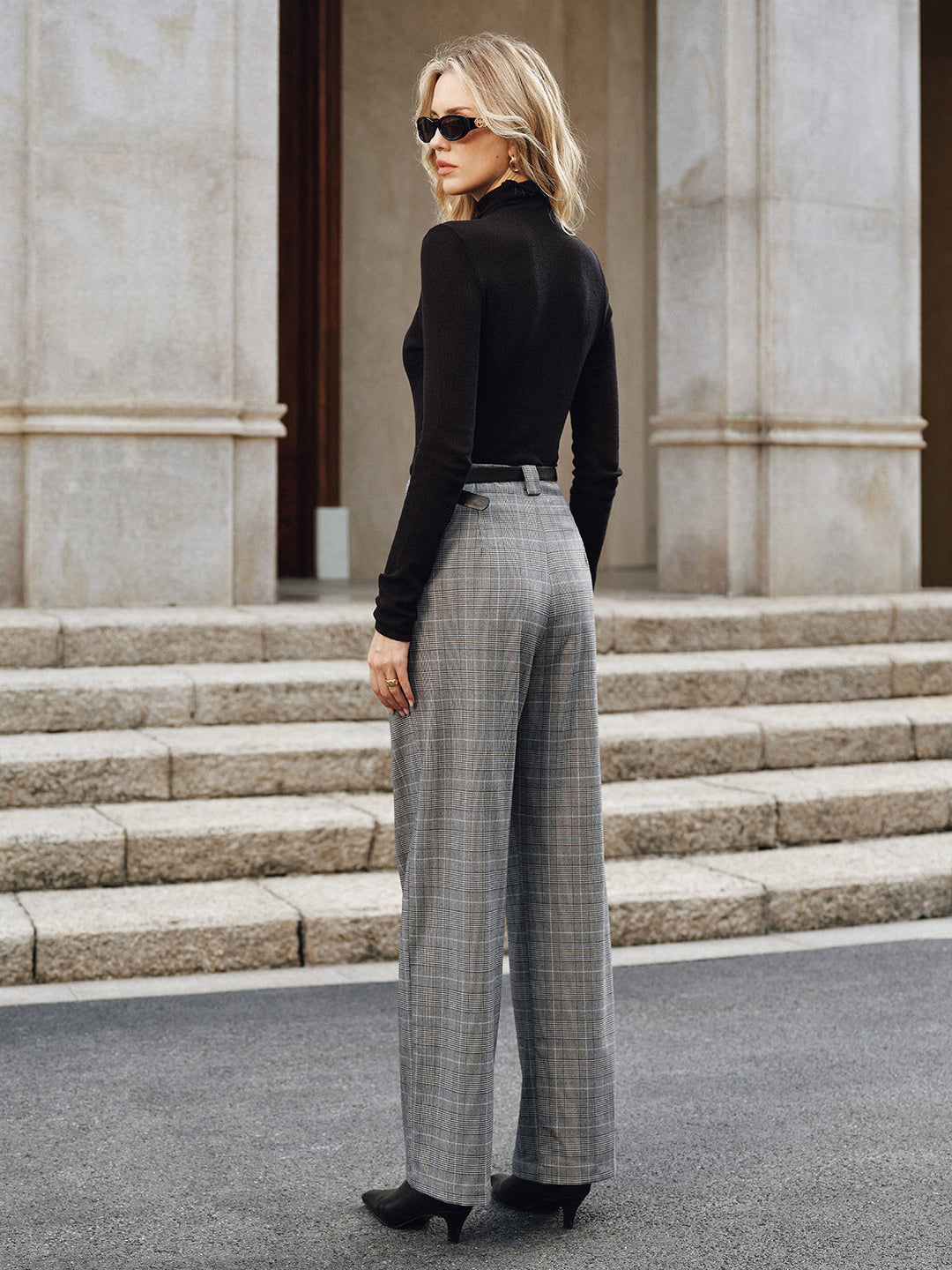 Pleated Plaid Belted Wide-Leg Pants