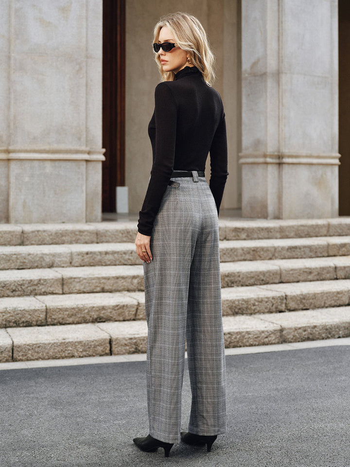 Pleated Plaid Belted Wide-Leg Pants