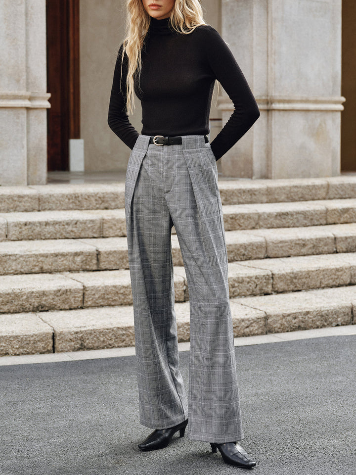 Pleated Plaid Belted Wide-Leg Pants