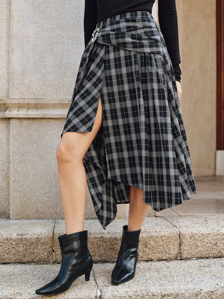 Plaid Asymmetric High-Slit Midi Skirt