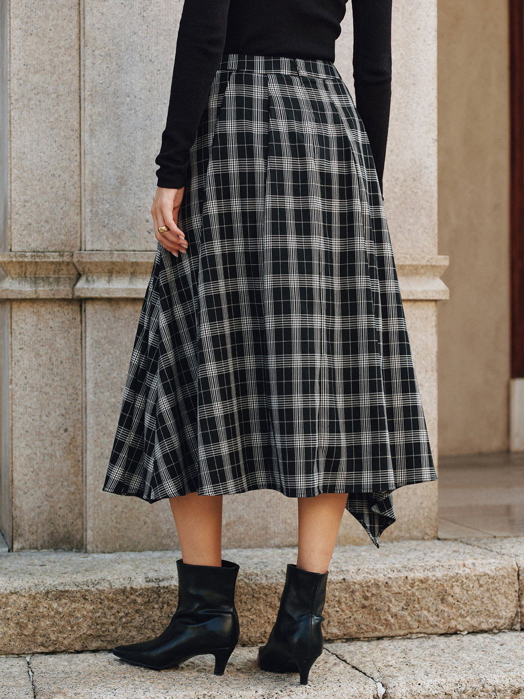 Plaid Asymmetric High-Slit Midi Skirt