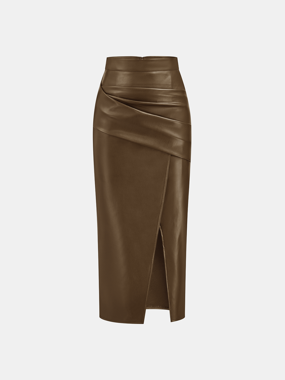 Ruched Slit PU Leather Midi Skirt