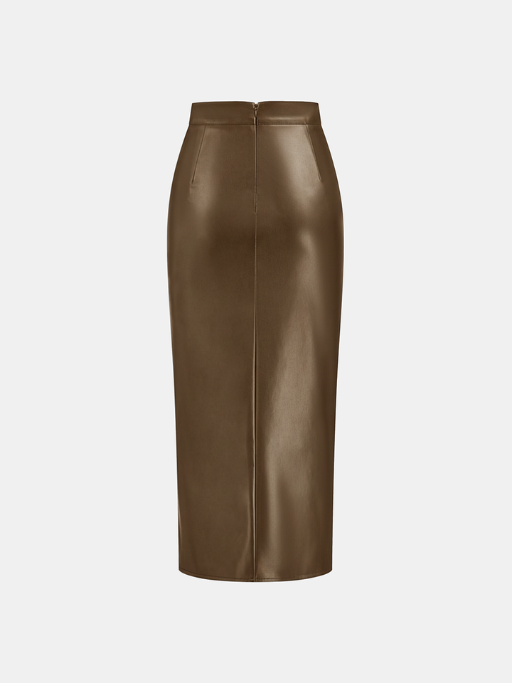 Ruched Slit PU Leather Midi Skirt