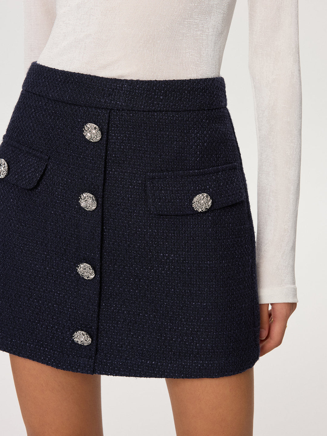 Metal Button Tweed Mini Skirt