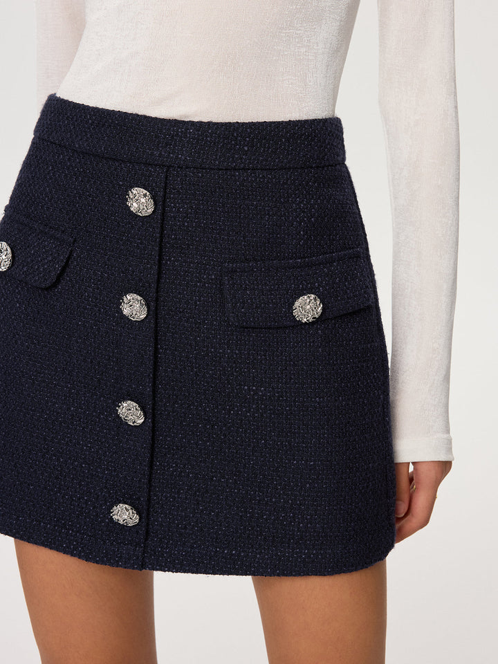 Metal Button Tweed Mini Skirt