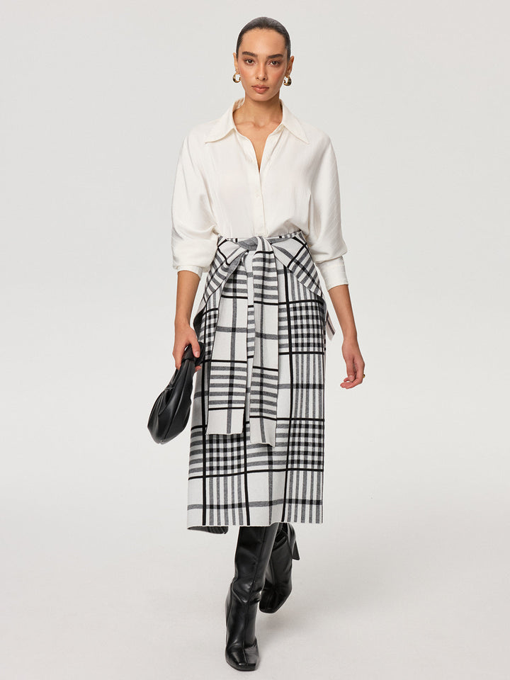 Plaid Wool Blend Midi Skirt with Apron Belt