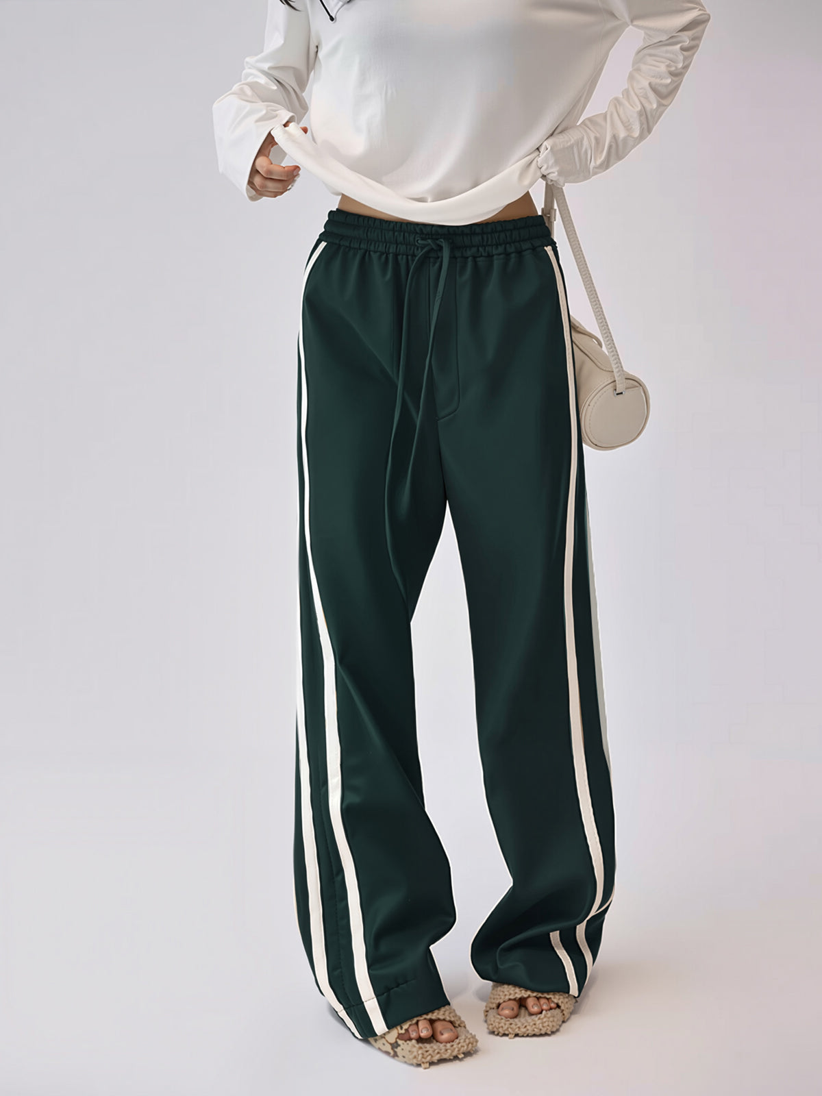 Striped High-Waisted PU Leather Drawstring Pants