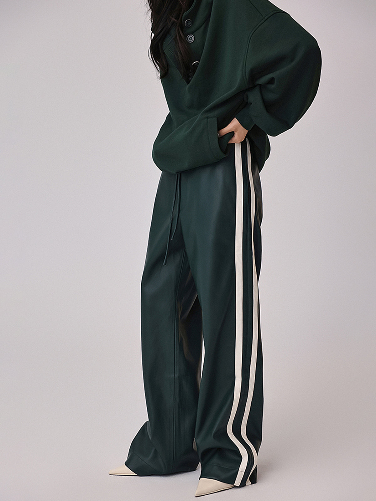 Striped High-Waisted PU Leather Drawstring Pants