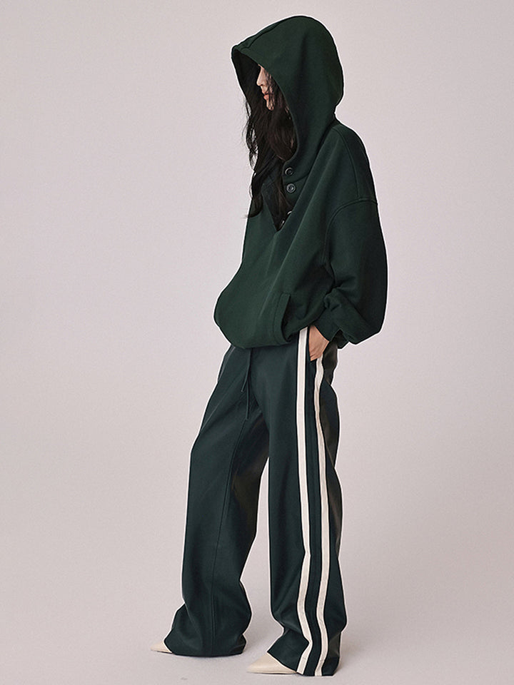 Striped High-Waisted PU Leather Drawstring Pants