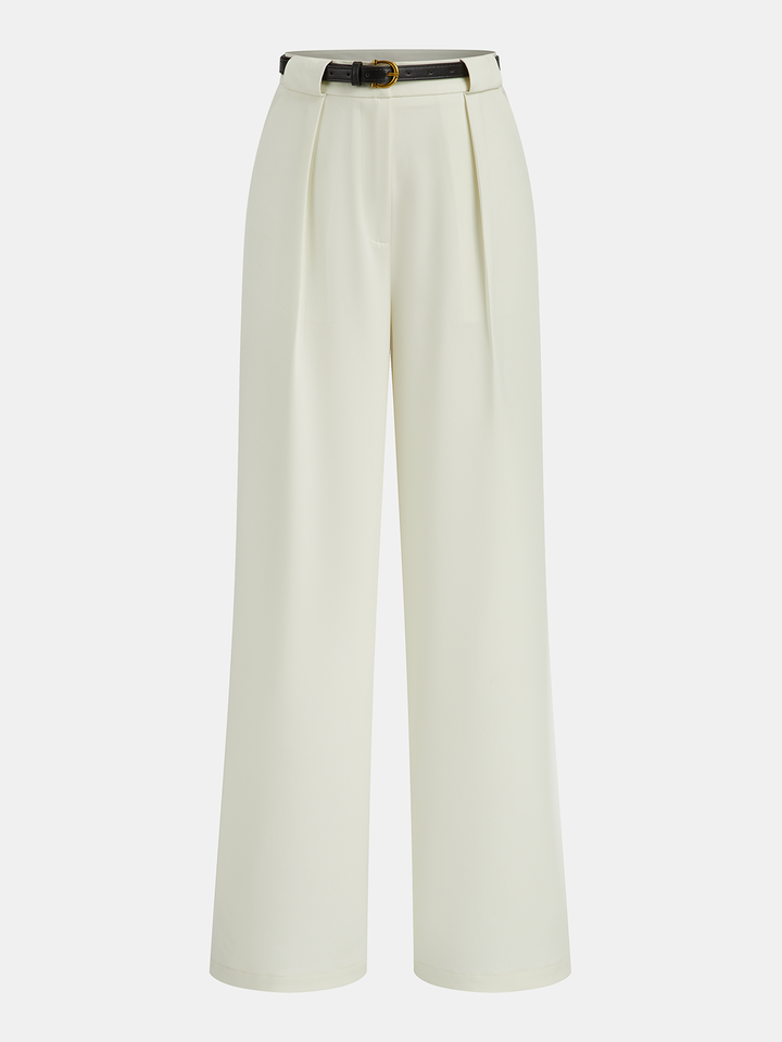 Belted Pleated Straight-Leg Pants