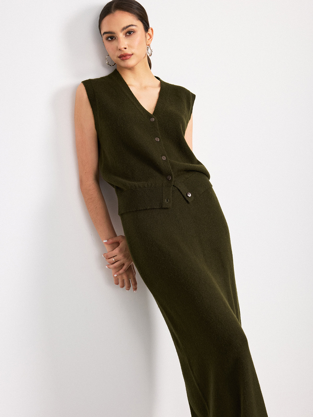 Wool Blend Knit Vest and Maxi Skirt Set