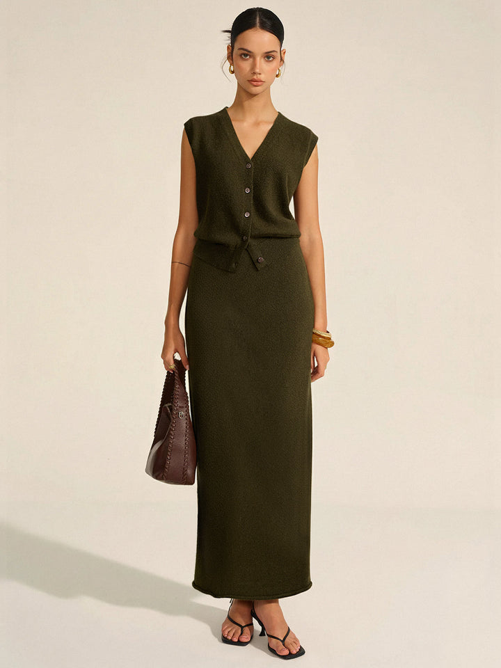 Wool Blend Knit Vest and Maxi Skirt Set