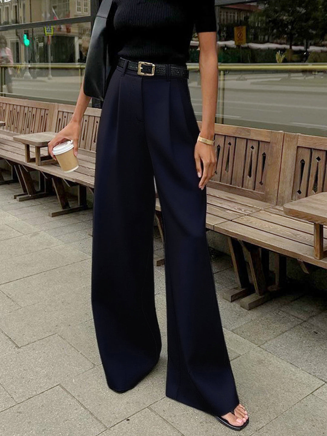 Solid Wide Leg Pants Without Belt