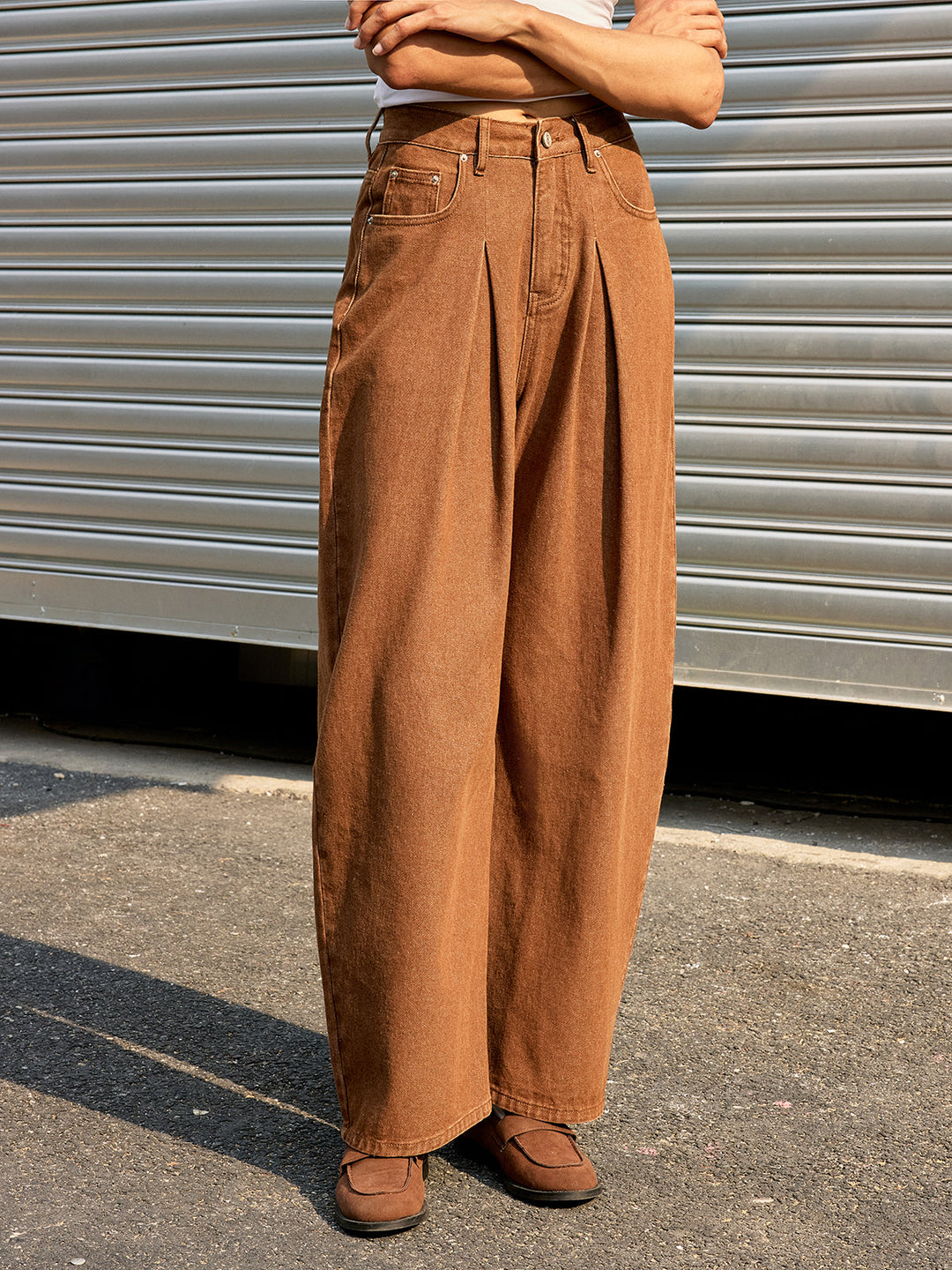 Mid-Waist Denim Wide-Leg Pants