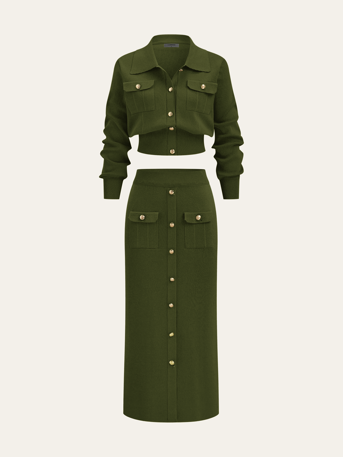 Metal Button Collared Cardigan and Midi Skirt Set