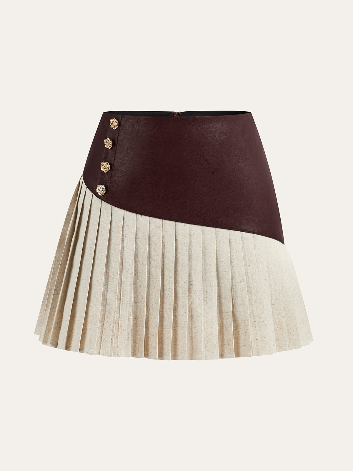 PU Panel Cotton & Linen Pleated Mini Skirt