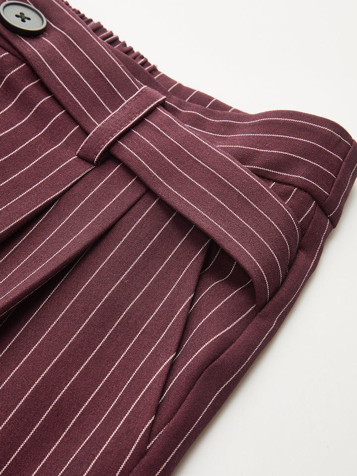 Asymmetric Waistband Pinstripe Wide-Leg Pants