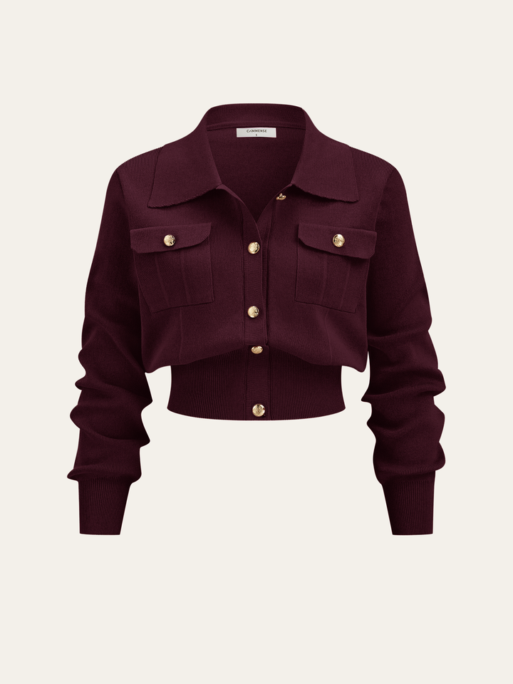 Metal Button Collared Cardigan and Midi Skirt Set