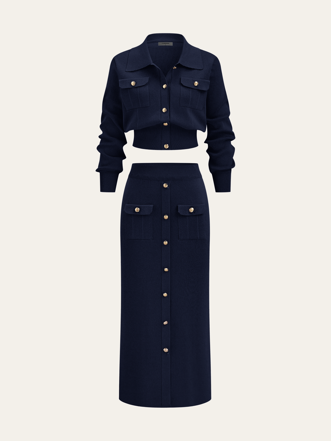 Metal Button Collared Cardigan and Midi Skirt Set