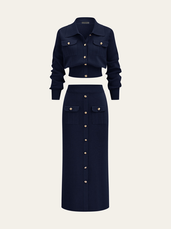 Metal Button Collared Cardigan and Midi Skirt Set