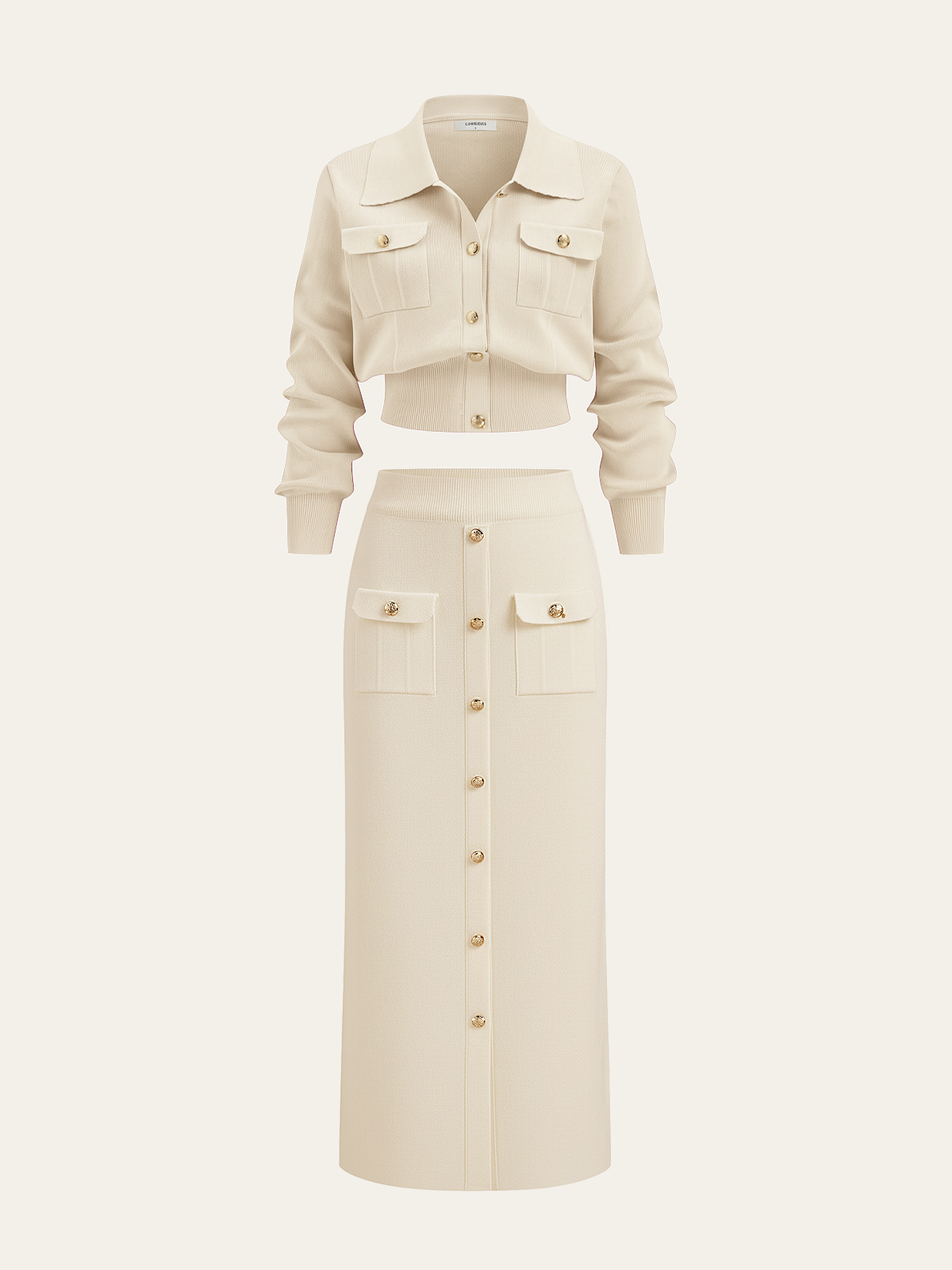 Metal Button Collared Cardigan and Midi Skirt Set