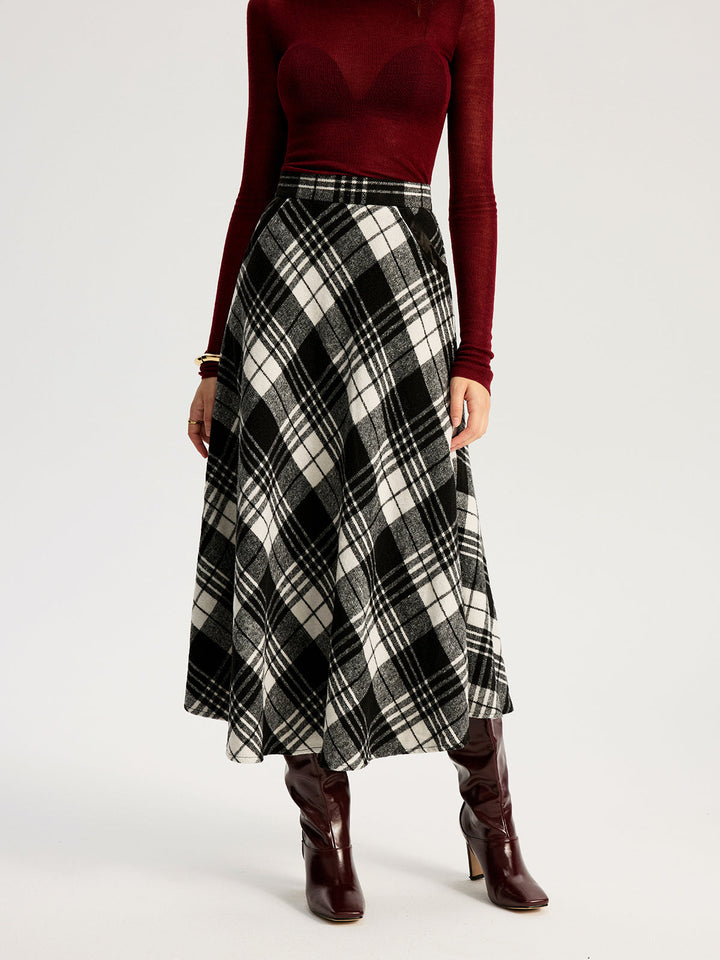 High Waist Line Flared Plaid Long Skirt