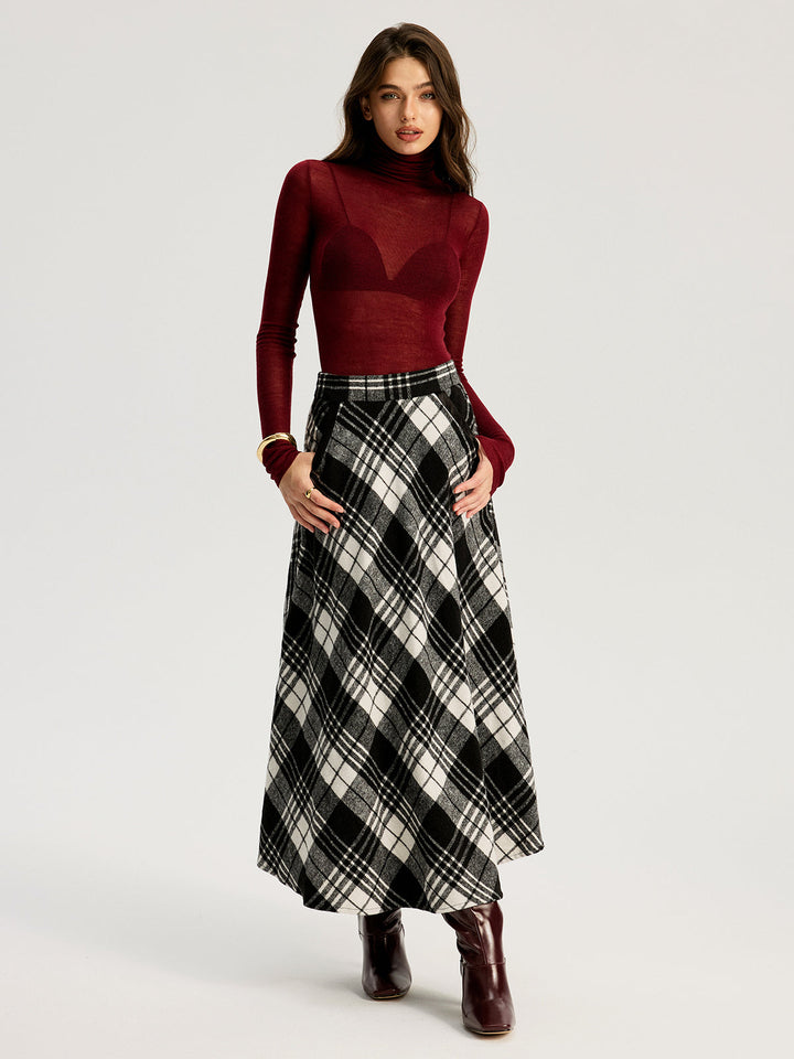 High Waist Line Flared Plaid Long Skirt