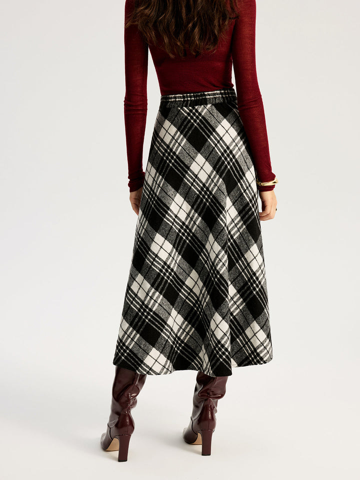 High Waist Line Flared Plaid Long Skirt