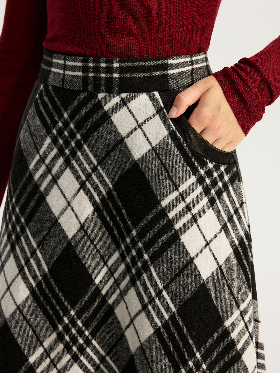 High Waist Line Flared Plaid Long Skirt