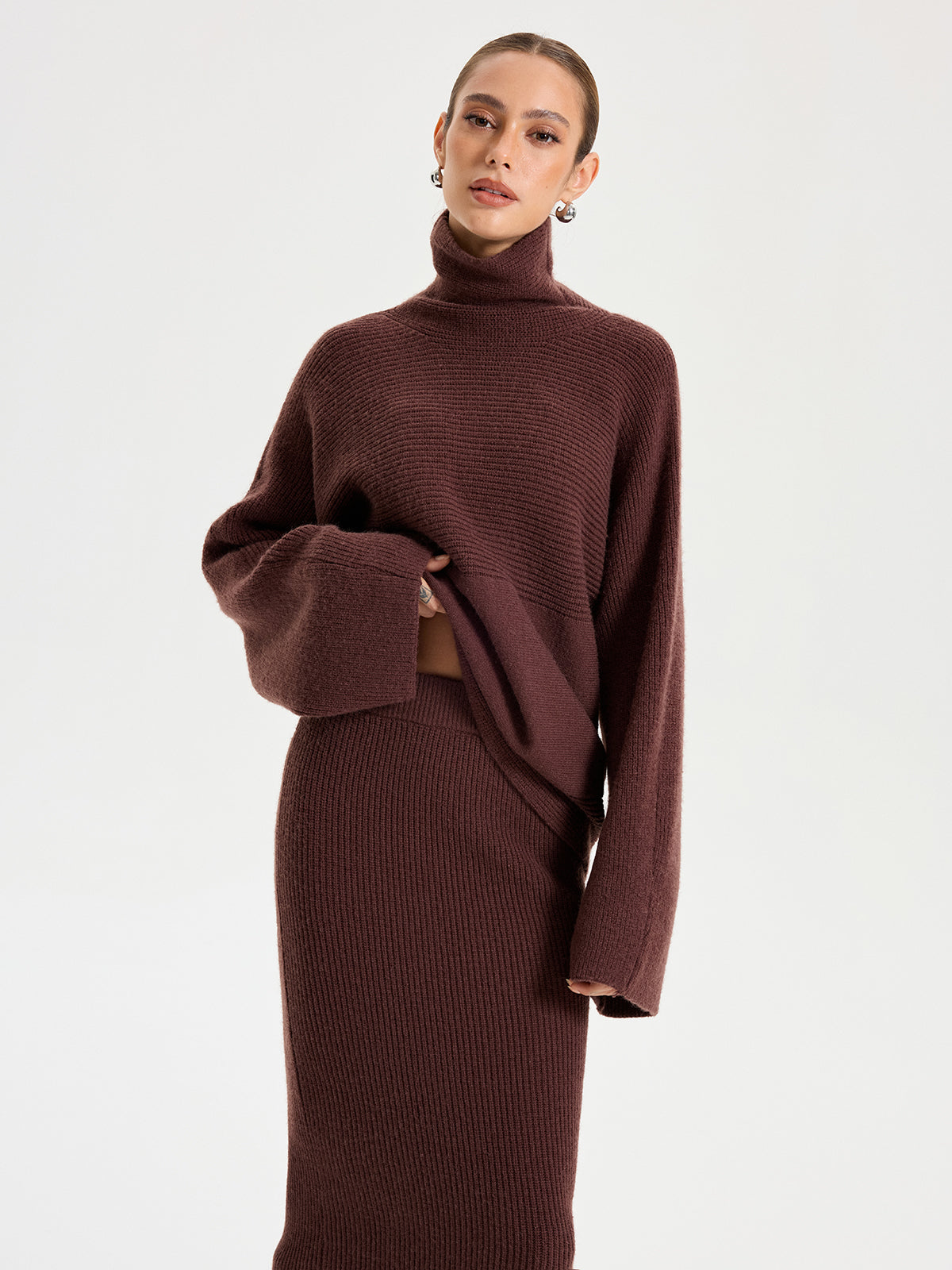 Turtleneck Knit Top and Maxi Skirt Set