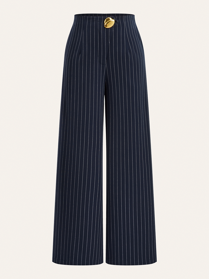 Metal Button Asymmetric Placket Pinstripe Wide-Leg Pants