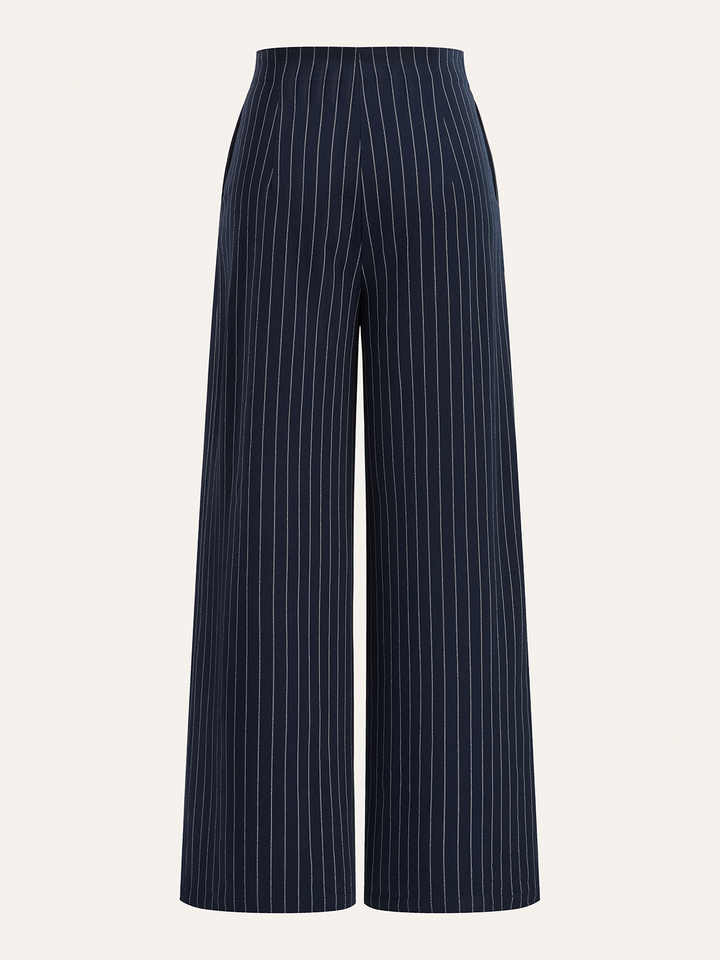 Metal Button Asymmetric Placket Pinstripe Wide-Leg Pants