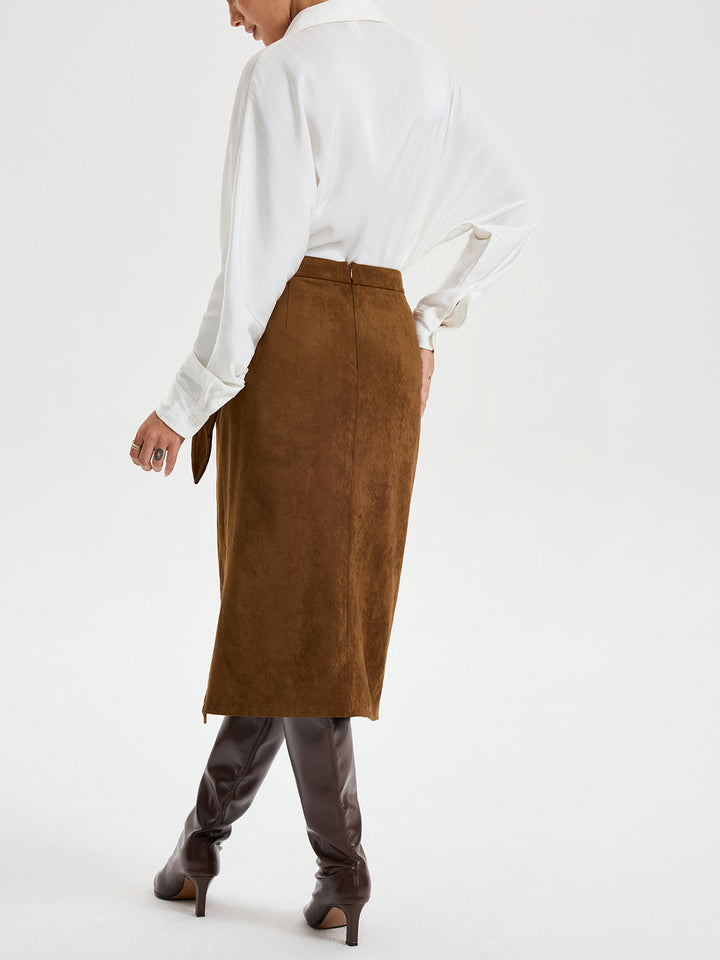Tie Knot Suede Effect Midi Skirt
