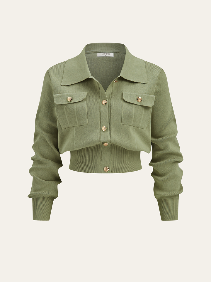 Metal Button Collared Cardigan and Midi Skirt Set