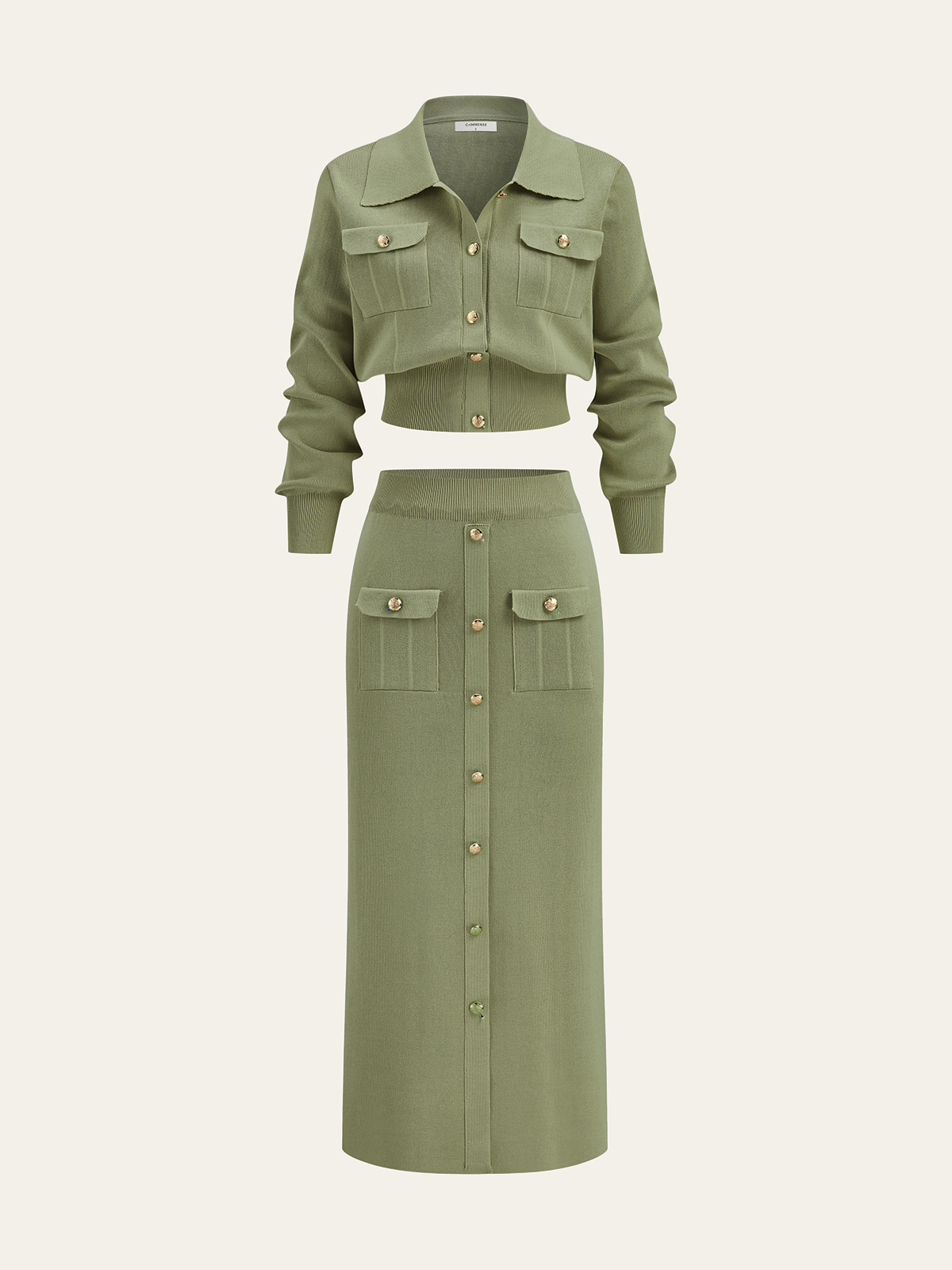 Metal Button Collared Cardigan and Midi Skirt Set