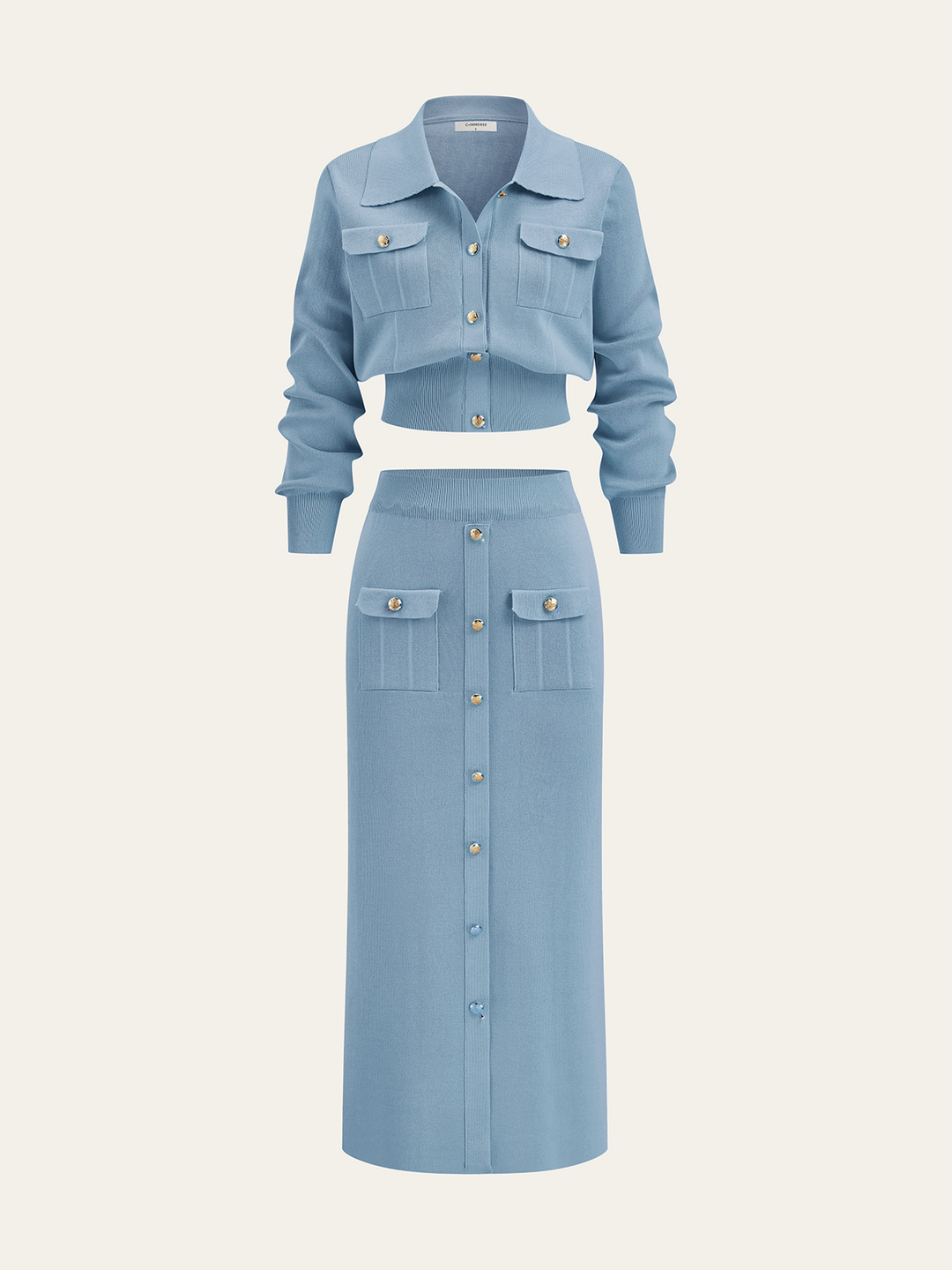 Metal Button Collared Cardigan and Midi Skirt Set