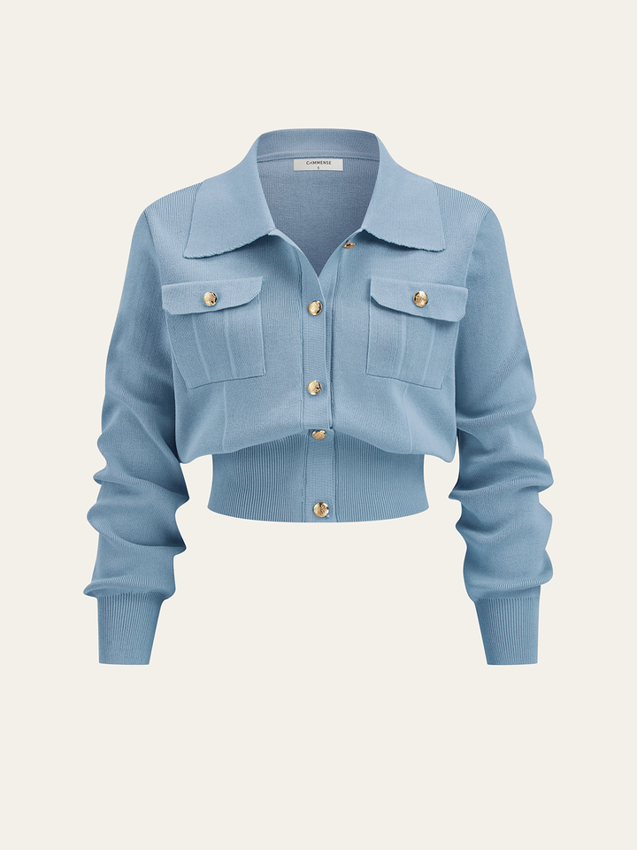 Metal Button Collared Cardigan and Midi Skirt Set