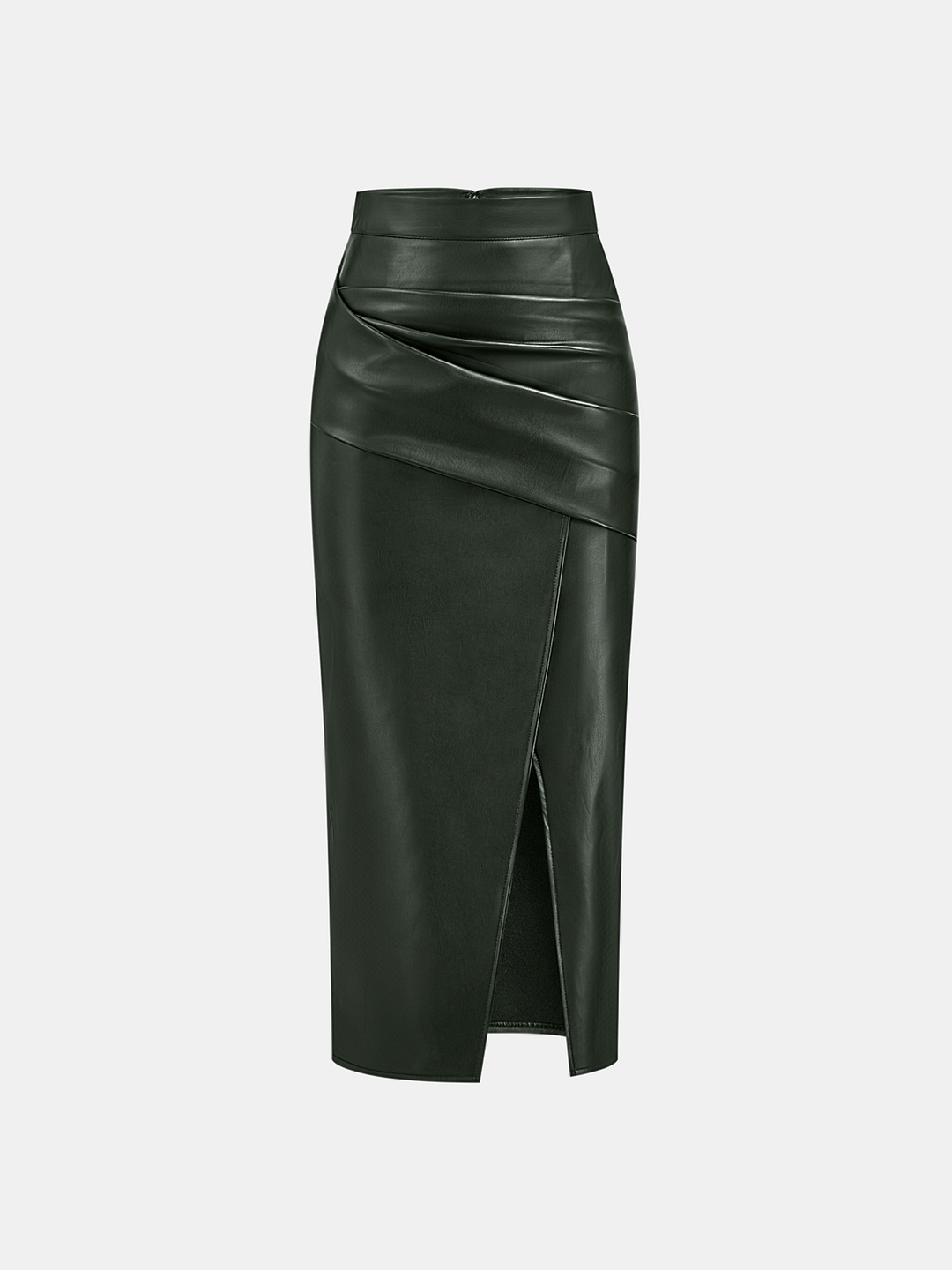 Ruched Slit PU Leather Midi Skirt
