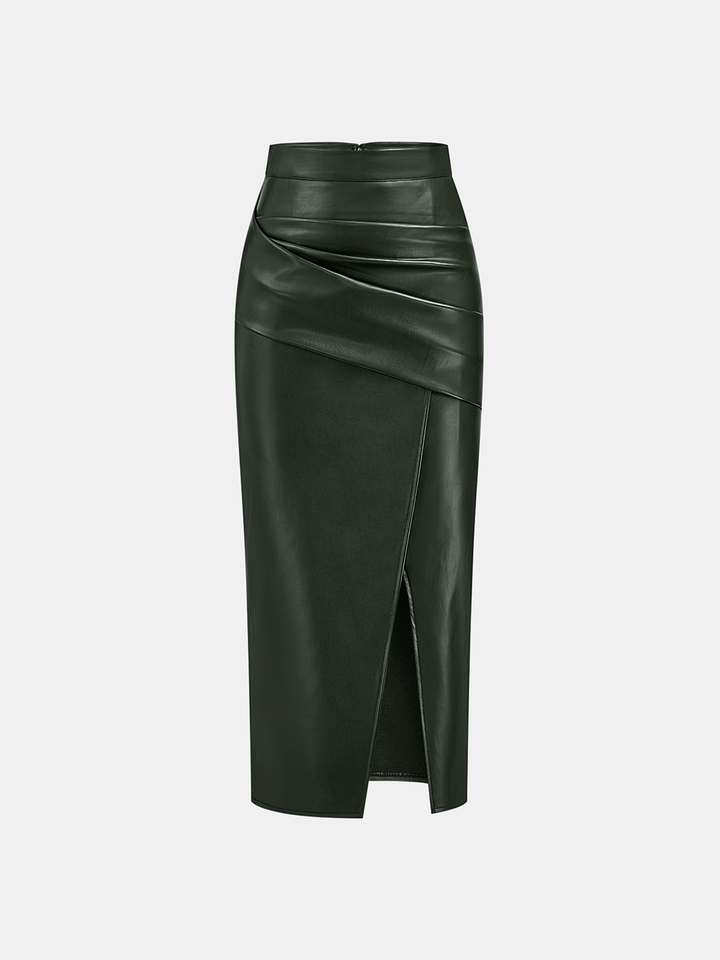 Ruched Slit PU Leather Midi Skirt