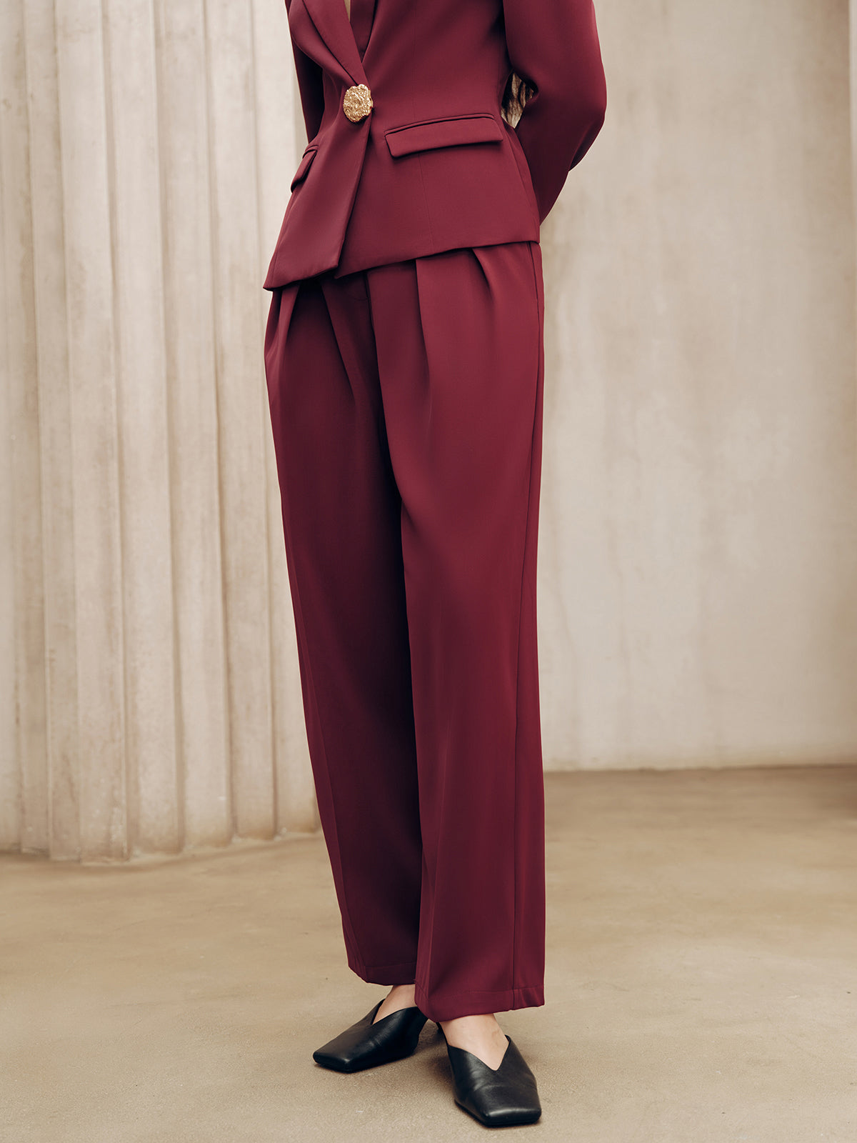 Mid-Waist Pleated Wide-Leg Pants