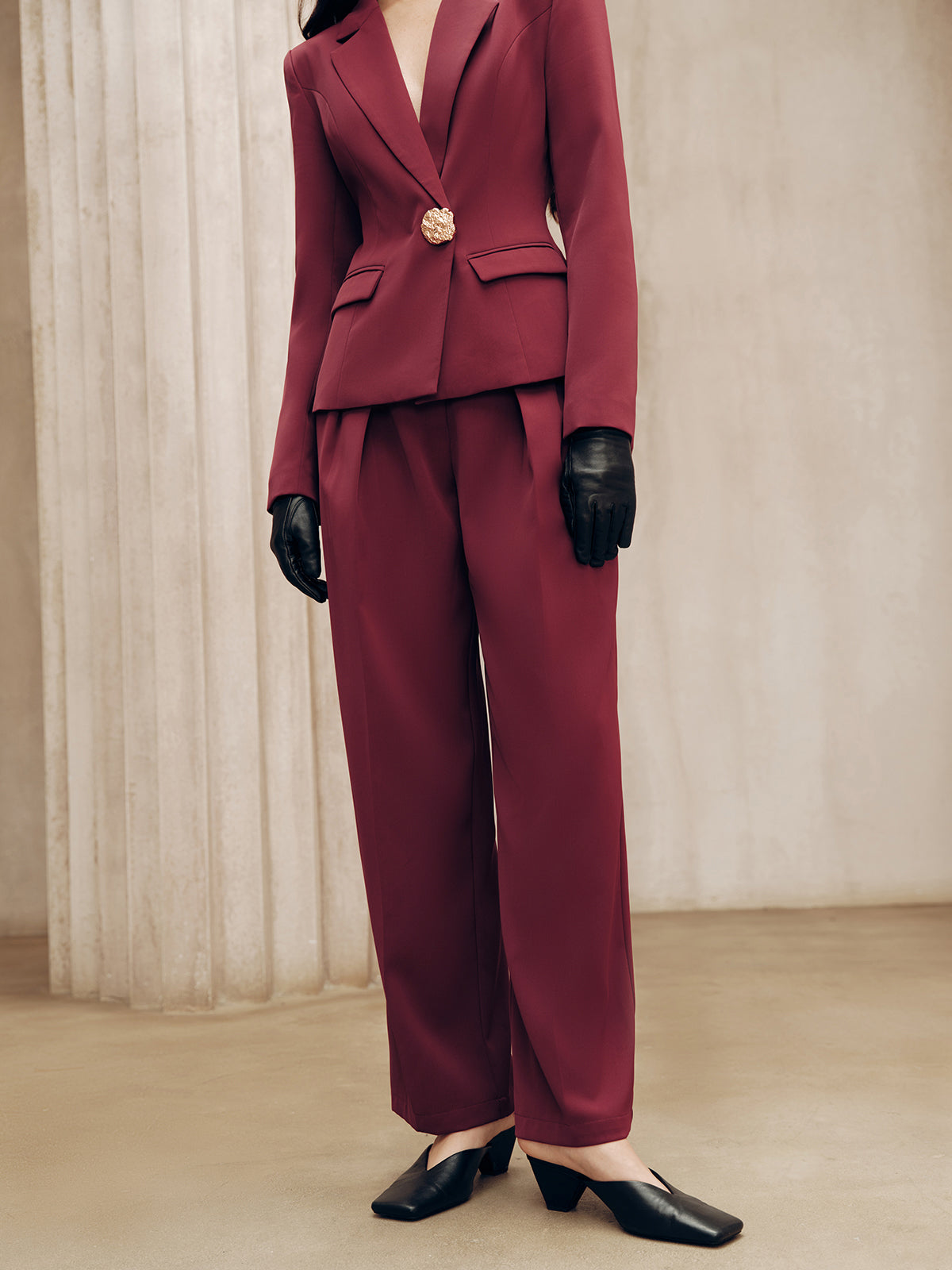 Mid-Waist Pleated Wide-Leg Pants