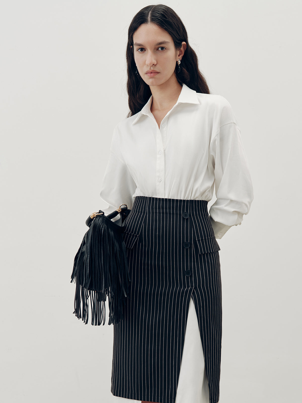Shirt Dress and Pinstripe Slit Skirt Two-Piece Set