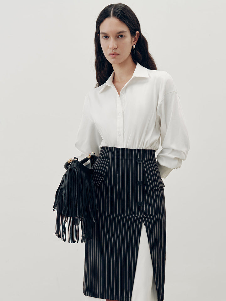 Shirt Dress and Pinstripe Slit Skirt Two-Piece Set