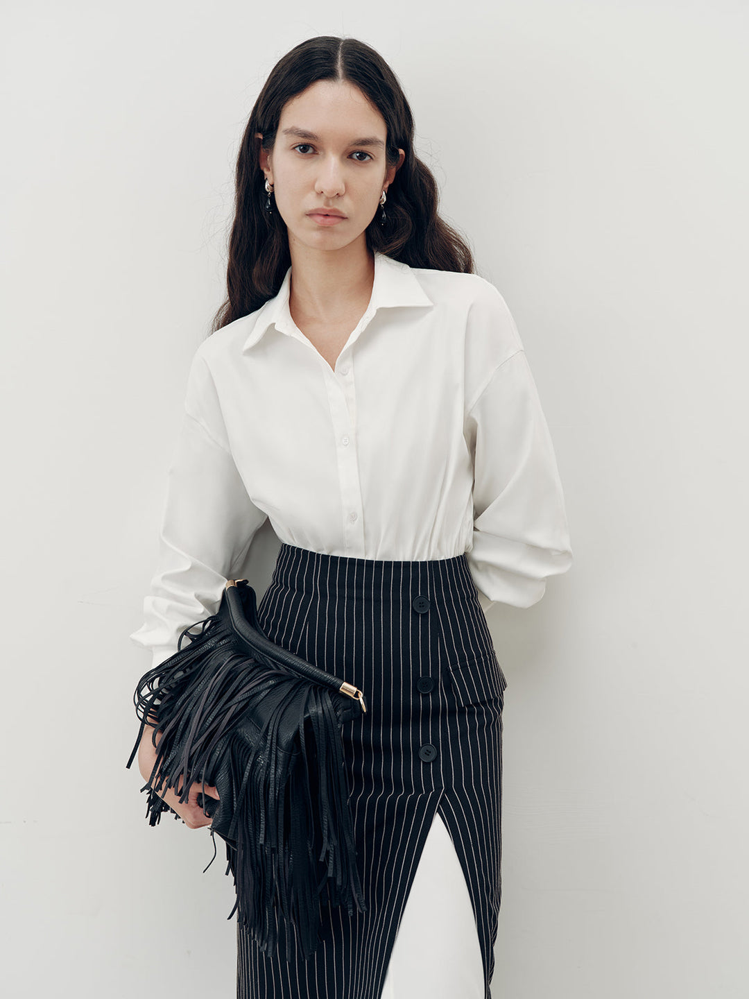 Shirt Dress and Pinstripe Slit Skirt Two-Piece Set