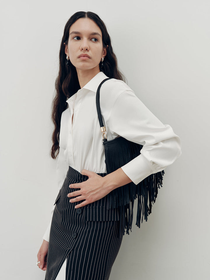 Shirt Dress and Pinstripe Slit Skirt Two-Piece Set